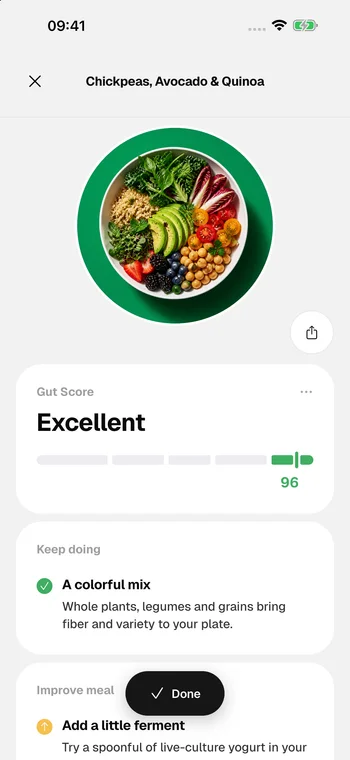The Feed Your Gut meal analysis screen on iPhone