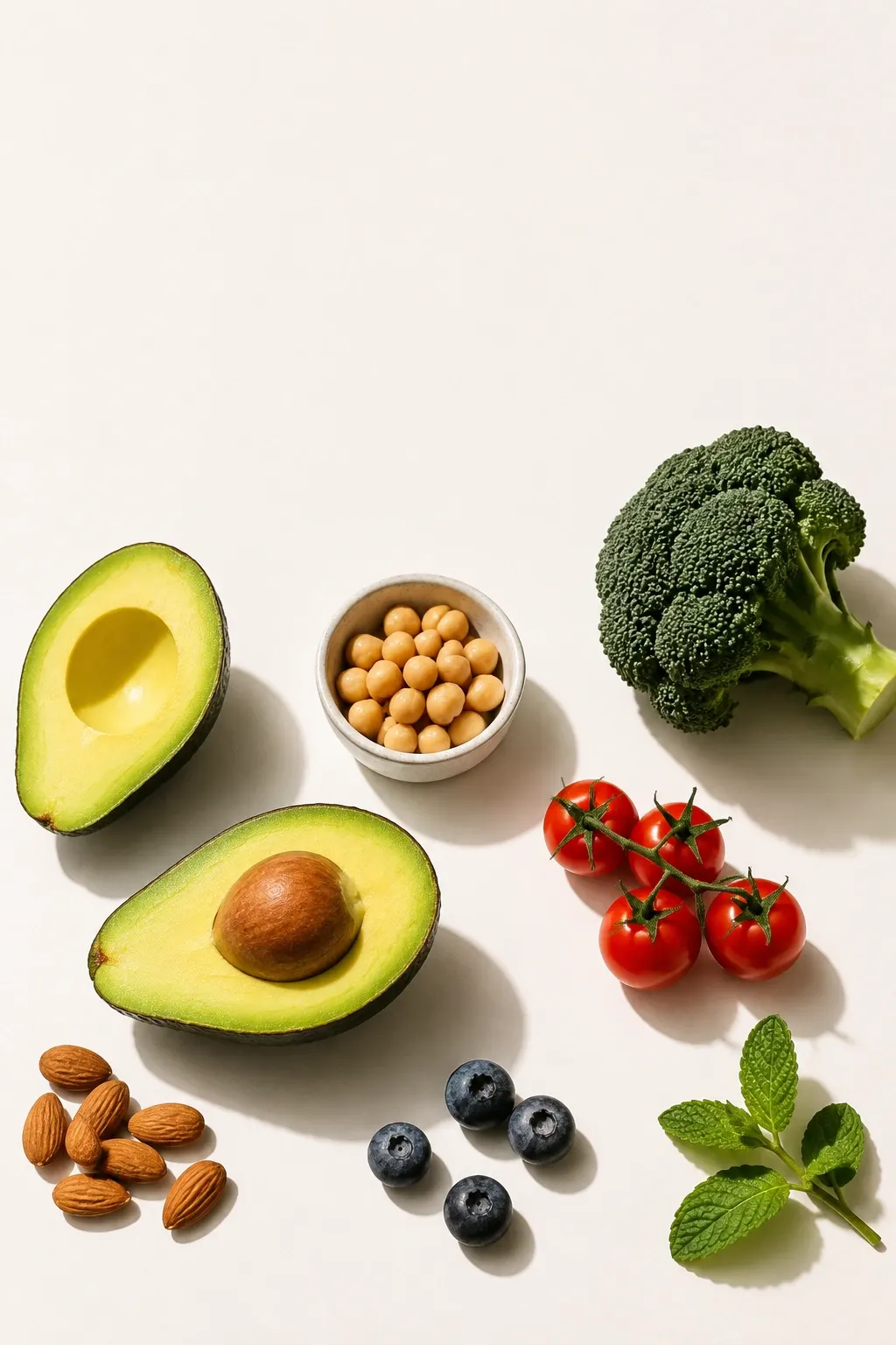 Avocado halves, chickpeas, broccoli, cherry tomatoes, blueberries, almonds and mint on a light table